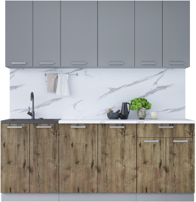 Кухонный гарнитур Интерлиния Мила Лайт 2.0-60 (серебристый/дуб веллингтон/белый гранит) - фото