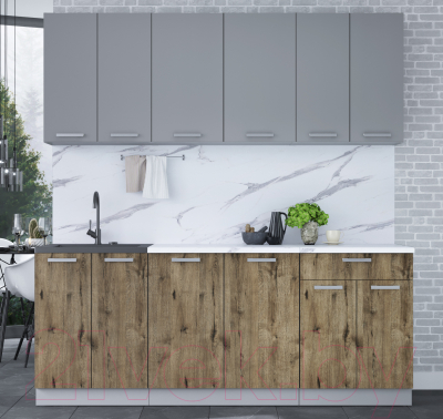 Кухонный гарнитур Интерлиния Мила Лайт 2.0-60 (серебристый/дуб веллингтон/белый гранит)