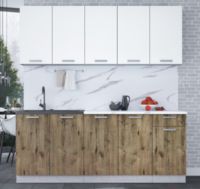 Кухонный гарнитур Интерлиния Мила Лайт 2.0 (белый платинум/дуб веллингтон/белый гранит)