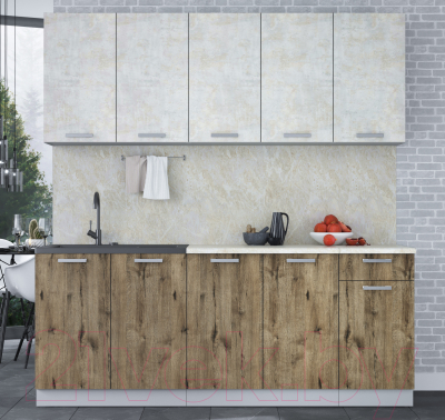 Кухонный гарнитур Интерлиния Мила Лайт 2.0 (бетон лайт/дуб веллингтон/опал светлый)