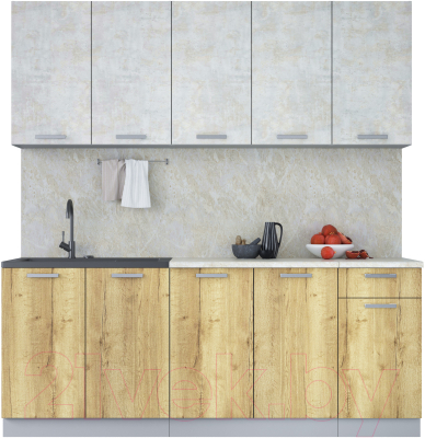 Кухонный гарнитур Интерлиния Мила Лайт 2.0 (бетон лайт/дуб золотой/опал светлый) - фото