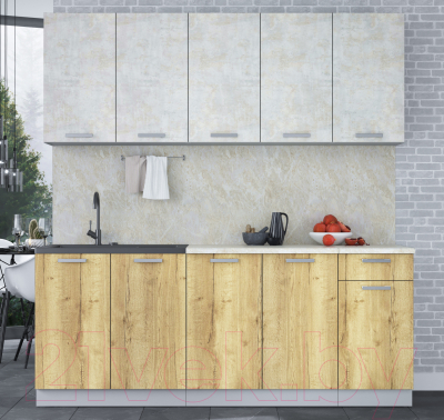 Кухонный гарнитур Интерлиния Мила Лайт 2.0 (бетон лайт/дуб золотой/опал светлый)