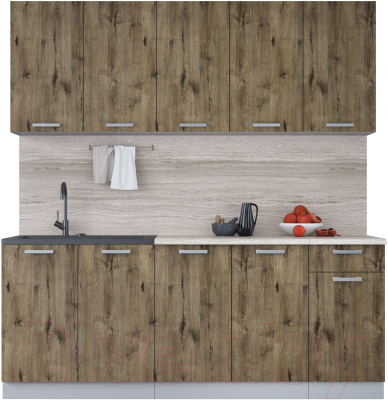 Кухонный гарнитур Интерлиния Мила Лайт 2.0 (дуб веллингтон/дуб веллингтон/травертин серый) - фото