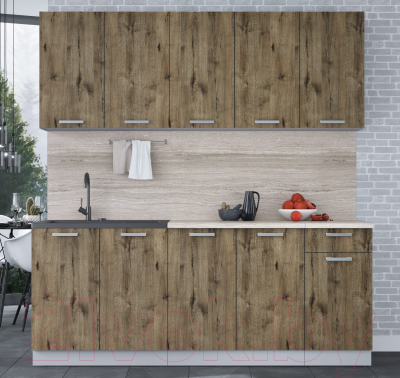 Кухонный гарнитур Интерлиния Мила Лайт 2.0 (дуб веллингтон/дуб веллингтон/травертин серый)