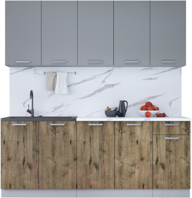 Кухонный гарнитур Интерлиния Мила Лайт 2.0 (серебристый/дуб веллингтон/белый гранит) - фото