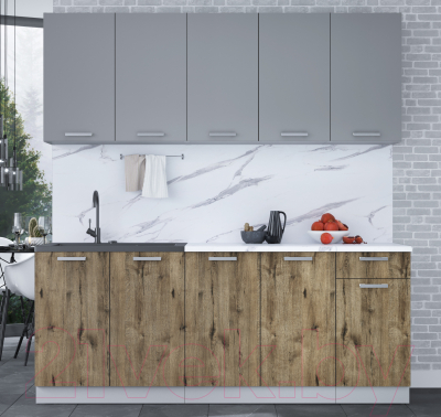 Кухонный гарнитур Интерлиния Мила Лайт 2.0 (серебристый/дуб веллингтон/белый гранит)