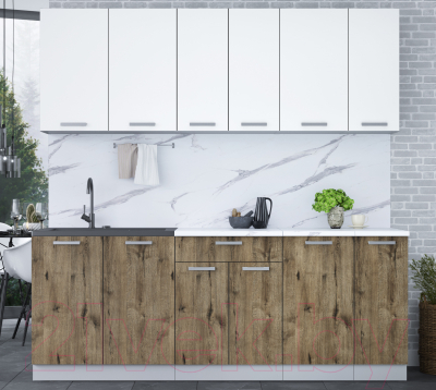 Кухонный гарнитур Интерлиния Мила Лайт 2.1 (белый платинум/дуб веллингтон/белый гранит)