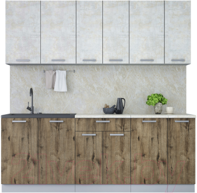 Кухонный гарнитур Интерлиния Мила Лайт 2.1 (бетон лайт/дуб веллингтон/опал светлый) - фото