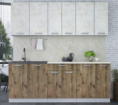 Кухонный гарнитур Интерлиния Мила Лайт 2.1 (бетон лайт/дуб веллингтон/опал светлый)