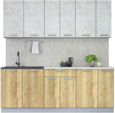 Кухонный гарнитур Интерлиния Мила Лайт 2.1 (бетон лайт/дуб золотой/опал светлый) - фото