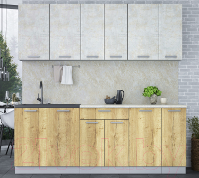 Кухонный гарнитур Интерлиния Мила Лайт 2.1 (бетон лайт/дуб золотой/опал светлый)