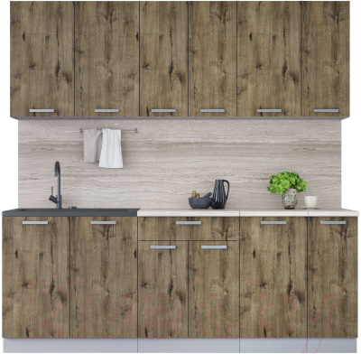 Кухонный гарнитур Интерлиния Мила Лайт 2.1 (дуб веллингтон/дуб веллингтон/травертин серый) - фото