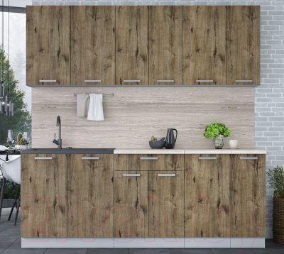 Кухонный гарнитур Интерлиния Мила Лайт 2.1 (дуб веллингтон/дуб веллингтон/травертин серый)