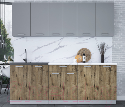 Кухонный гарнитур Интерлиния Мила Лайт 2.2 (серебристый/дуб веллингтон/белый гранит)