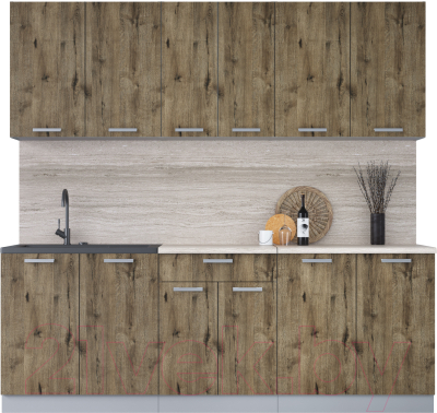 Кухонный гарнитур Интерлиния Мила Лайт 2.2 (дуб веллингтон/дуб веллингтон/травертин серый) - фото