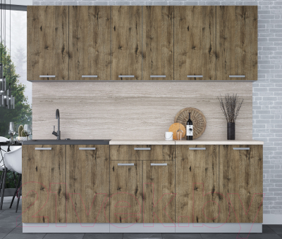 Кухонный гарнитур Интерлиния Мила Лайт 2.2 (дуб веллингтон/дуб веллингтон/травертин серый)