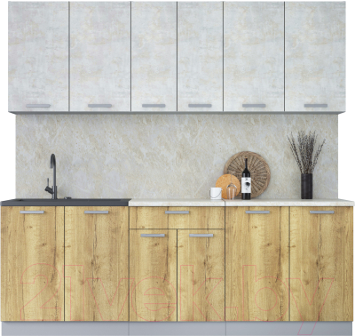 Кухонный гарнитур Интерлиния Мила Лайт 2.2 (бетон лайт/дуб золотой/опал светлый) - фото