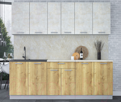 Кухонный гарнитур Интерлиния Мила Лайт 2.2 (бетон лайт/дуб золотой/опал светлый)