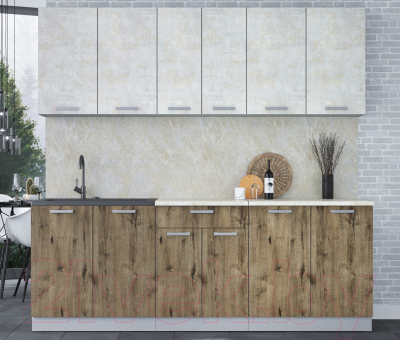 Кухонный гарнитур Интерлиния Мила Лайт 2.2 (бетон лайт/дуб веллингтон/опал светлый)