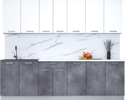 Кухонный гарнитур Интерлиния Мила Лайт 2.6 (белый платинум/бетон портленд/белый гранит) - фото