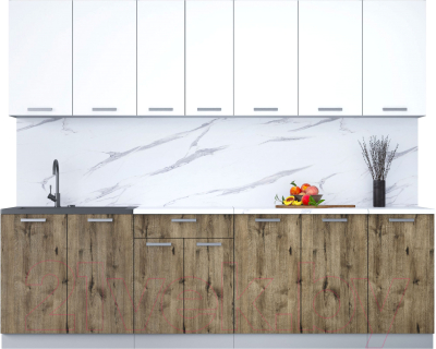 Кухонный гарнитур Интерлиния Мила Лайт 2.6 (белый платинум/дуб веллингтон/белый гранит) - фото