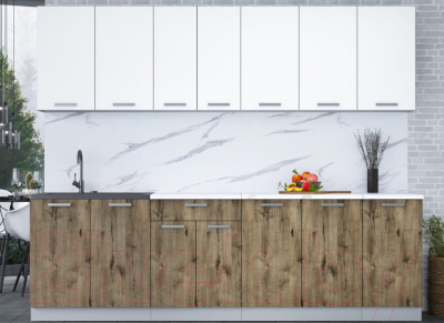 Кухонный гарнитур Интерлиния Мила Лайт 2.6 (белый платинум/дуб веллингтон/белый гранит)