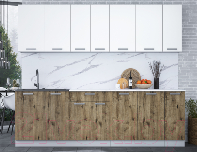 Кухонный гарнитур Интерлиния Мила Лайт 2.5 (белый платинум/дуб веллингтон/белый гранит)