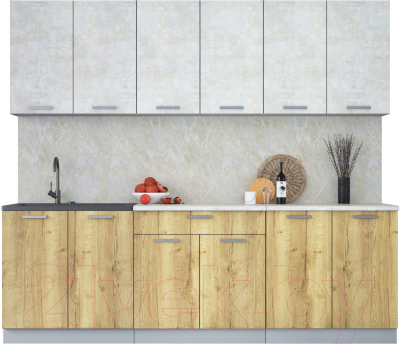 Кухонный гарнитур Интерлиния Мила Лайт 2.4 (бетон лайт/дуб золотой/опал светлый) - фото