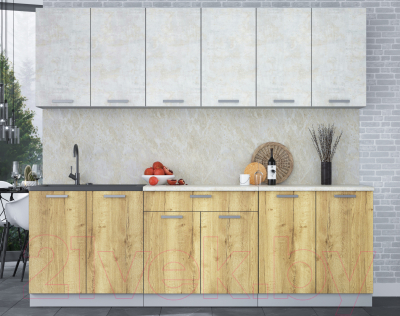 Кухонный гарнитур Интерлиния Мила Лайт 2.4 (бетон лайт/дуб золотой/опал светлый)