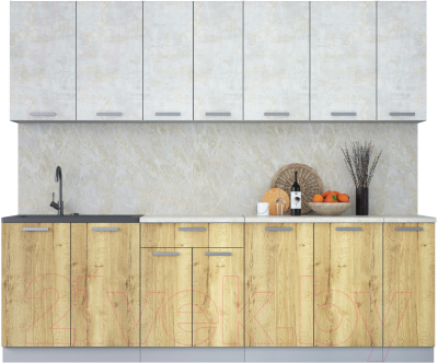Кухонный гарнитур Интерлиния Мила Лайт 2.5 (бетон лайт/дуб золотой/опал светлый) - фото