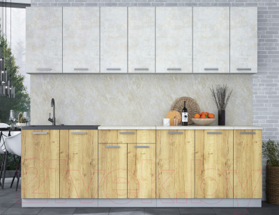 Кухонный гарнитур Интерлиния Мила Лайт 2.5 (бетон лайт/дуб золотой/опал светлый)