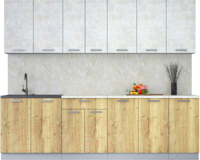 Кухонный гарнитур Интерлиния Мила Лайт 2.6 (бетон лайт/дуб золотой/опал светлый) - фото