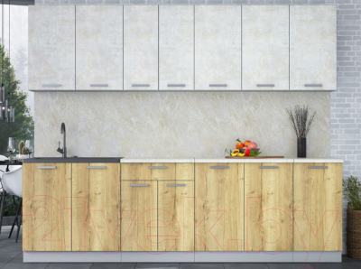 Кухонный гарнитур Интерлиния Мила Лайт 2.6 (бетон лайт/дуб золотой/опал светлый)