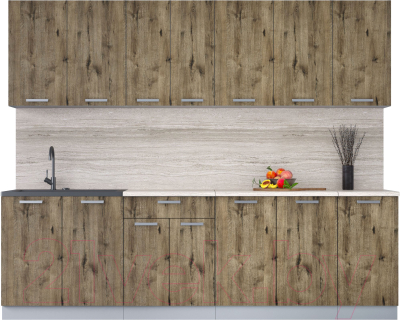 Кухонный гарнитур Интерлиния Мила Лайт 2.6 (дуб веллингтон/дуб веллингтон/травертин серый) - фото