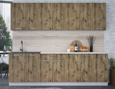 Кухонный гарнитур Интерлиния Мила Лайт 2.5 (дуб веллингтон/дуб веллингтон/травертин серый)