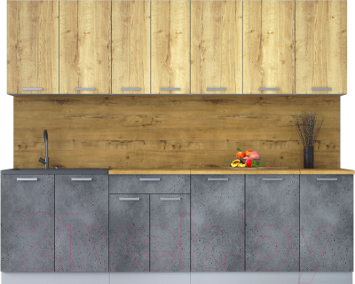 Кухонный гарнитур Интерлиния Мила Лайт 2.6 (дуб золотой/бетон портленд/дуб бунратти) - фото