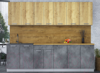 Кухонный гарнитур Интерлиния Мила Лайт 2.6 (дуб золотой/бетон портленд/дуб бунратти)