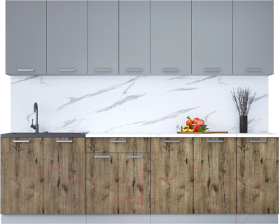 Кухонный гарнитур Интерлиния Мила Лайт 2.6 (серебристый/дуб веллингтон/белый гранит) - фото