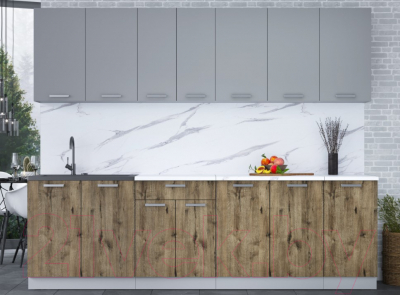 Кухонный гарнитур Интерлиния Мила Лайт 2.6 (серебристый/дуб веллингтон/белый гранит)