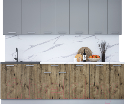 Кухонный гарнитур Интерлиния Мила Лайт 2.5 (серебристый/дуб веллингтон/белый гранит) - фото