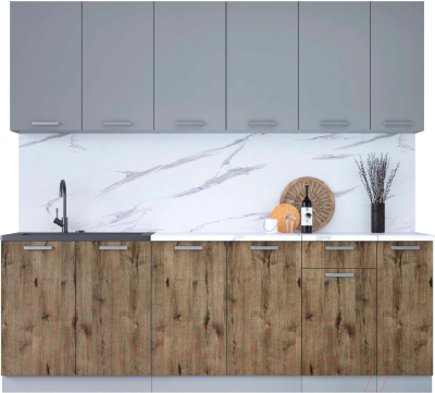 Кухонный гарнитур Интерлиния Мила Лайт 2.3 (серебристый/дуб веллингтон/белый гранит) - фото
