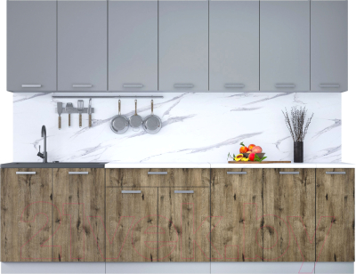 Кухонный гарнитур Интерлиния Мила Лайт 2.7 (серебристый/дуб веллингтон/белый гранит) - фото
