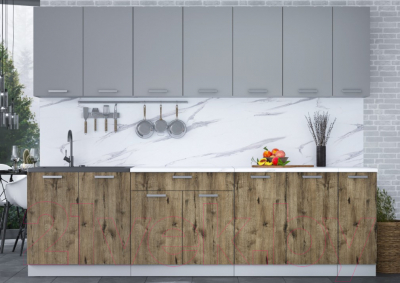 Кухонный гарнитур Интерлиния Мила Лайт 2.7 (серебристый/дуб веллингтон/белый гранит)