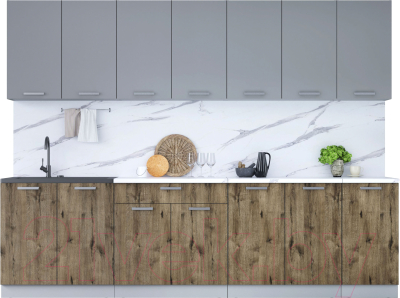 Кухонный гарнитур Интерлиния Мила Лайт 2.8 (серебристый/дуб веллингтон/белый гранит) - фото