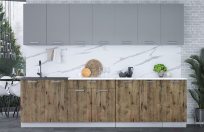 Кухонный гарнитур Интерлиния Мила Лайт 2.8 (серебристый/дуб веллингтон/белый гранит)