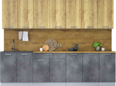 Кухонный гарнитур Интерлиния Мила Лайт 2.8 (дуб золотой/бетон портленд/дуб бунратти) - фото