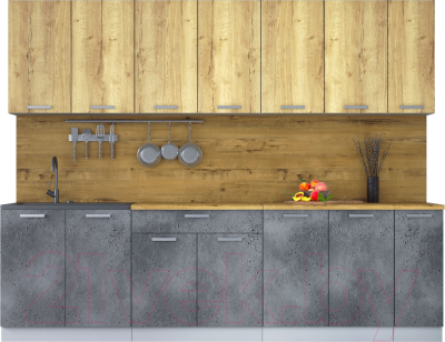 Кухонный гарнитур Интерлиния Мила Лайт 2.7 (дуб золотой/бетон портленд/дуб бунратти) - фото