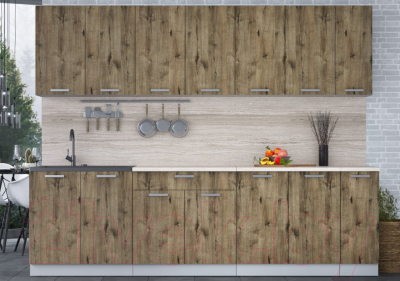 Кухонный гарнитур Интерлиния Мила Лайт 2.7 (дуб веллингтон/дуб веллингтон/травертин серый)