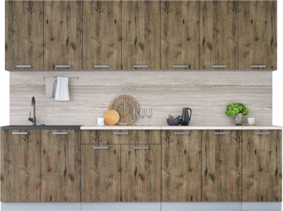 Кухонный гарнитур Интерлиния Мила Лайт 2.8 (дуб веллингтон/дуб веллингтон/травертин серый) - фото