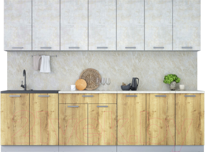 Кухонный гарнитур Интерлиния Мила Лайт 2.8 (бетон лайт/дуб золотой/опал светлый) - фото